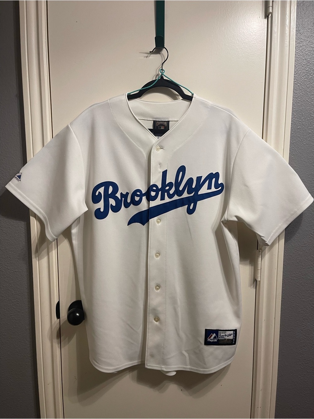 Majestic White Brooklyn Script Baseball Jersey with Blue Lettering Robinson 42